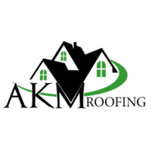 Logo for AKM Roofing, one of the premier roofing companies in Sarasota County, featuring the company name with a stylized graphic of three rooftops with windows and a green swoosh encircling the design. The text "AKM" is in large, bold font, and “ROOFING” is in a smaller, capitalized font to the right. Roofing Near Me