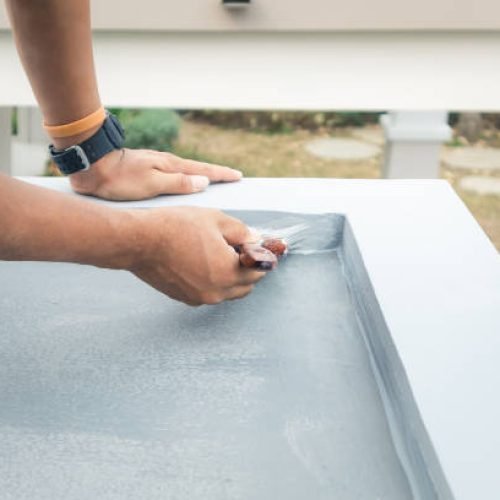 Roof floor or deck painting work consist of painter man or worker person, bristles brush. That service to renovation, construction, improvement or repair house or house building to coating surface concrete with waterproof and colour by professional, contractor.