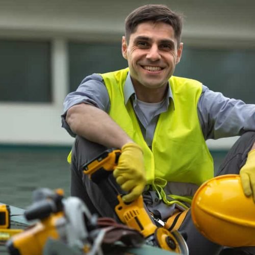 A man in a safety vest and gloves sits on a roof, smiling. He holds a yellow hard hat and is surrounded by various tools, including a drill. The background shows windows of a building.